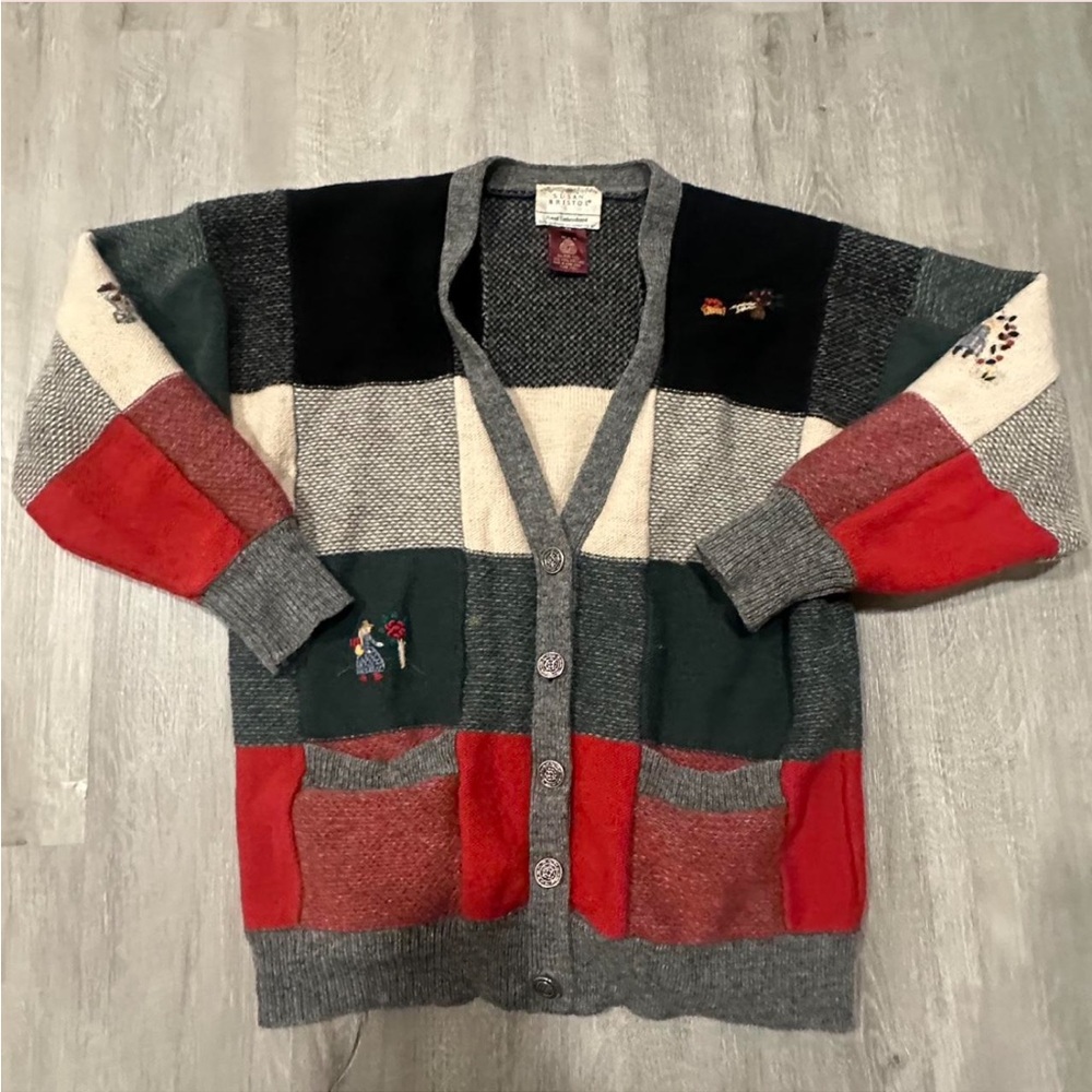 Vintage 1989s Susan Bristol 100% Wool Hand Embroidered Patchwork Cardigan